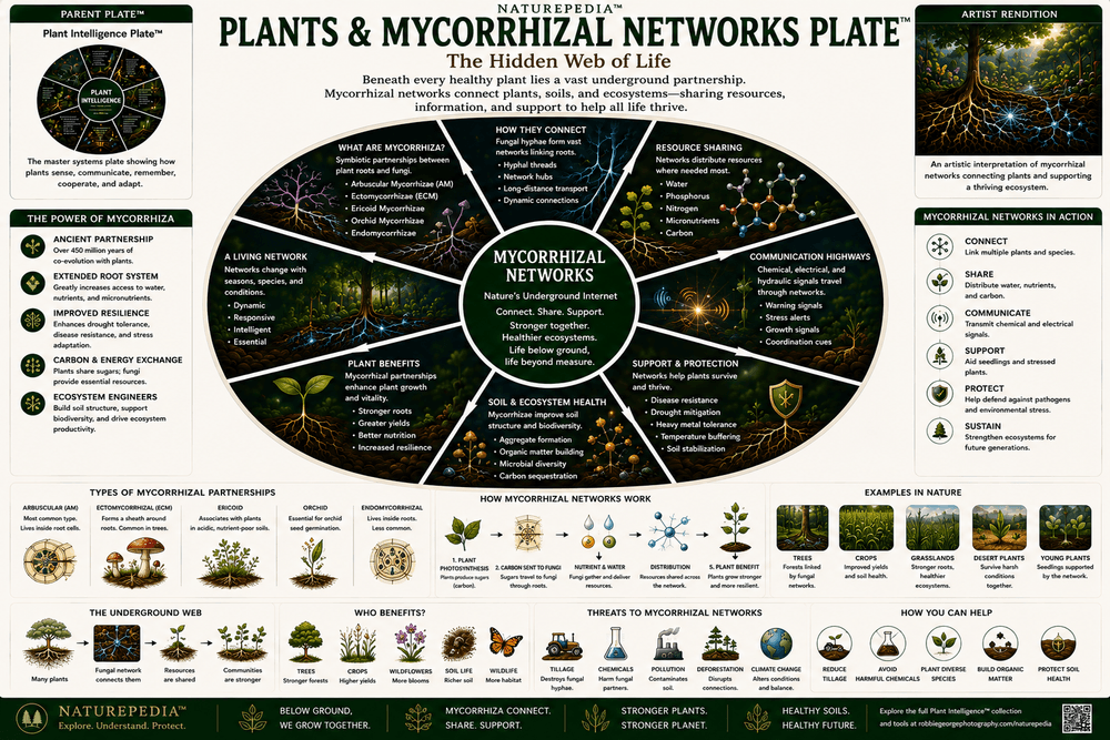 Plants and Mycorrhizal Networks Plate showing fungal communication, carbon exchange, nutrient exchange, root partnerships, network ecology, living soil, and underground plant relationships