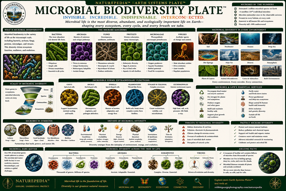 Microbial Biodiversity Plate showing microbial diversity across ecosystems, habitats, evolution, and global biological distribution