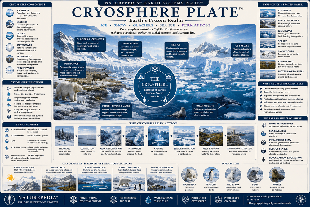 Cryosphere Plate showing glaciers, ice sheets, sea ice, snow cover, permafrost, polar systems, and Earth's frozen water