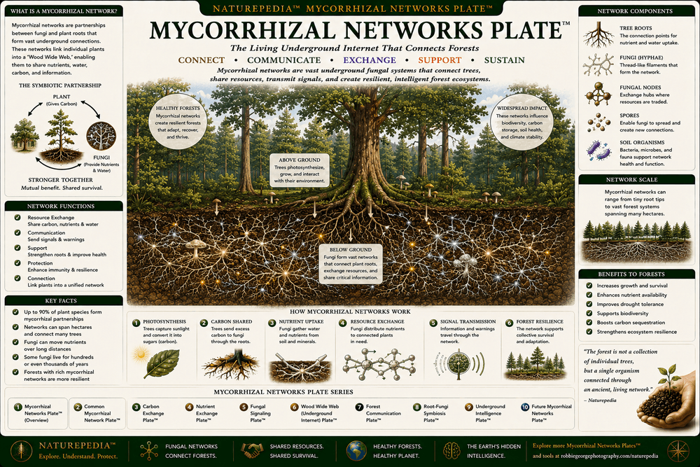 Mycorrhizal Networks Plate showing a forest ecosystem with tree roots, fungal hyphae, carbon exchange, nutrient movement, water transfer, underground communication, and ecological connectivity.