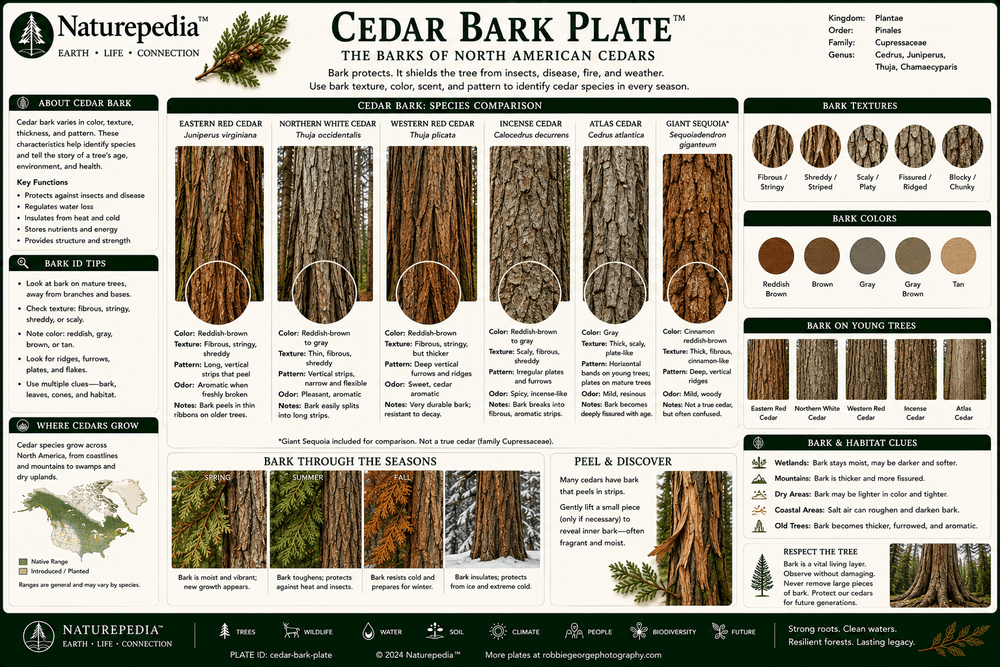 Cedar Bark Plate showing cedar bark texture, identification characteristics, aromatic compounds and tree morphology by Robbie George