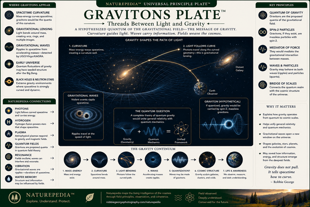 Gravitons Plate showing spacetime curvature, gravitational lensing, gravitational waves, quantum gravity, photons following curved geometry, and Naturepedia field connections by Robbie George