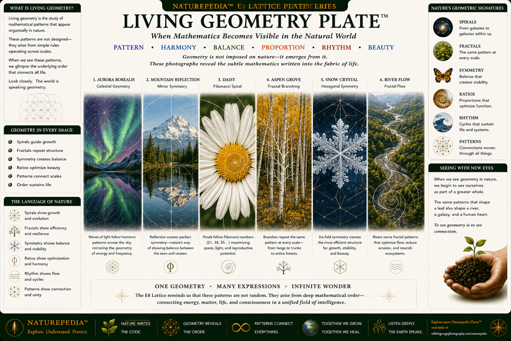 Living Geometry Plate illustrating mountains, rivers, forests, flowers, branching systems, symmetry, natural patterns, and recurring geometry throughout living ecosystems.