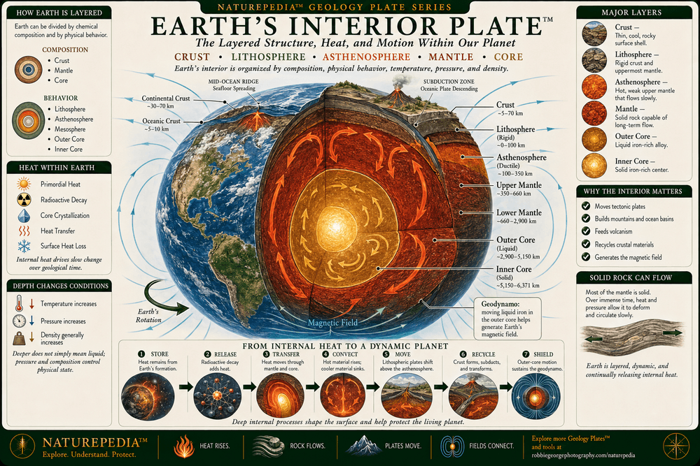 Earth’s Interior Plate showing the continental and oceanic crust, lithosphere, asthenosphere, upper and lower mantle, liquid outer core, solid inner core, increasing temperature and pressure, mantle circulation, internal heat transport, and Earth's magnetic field.
