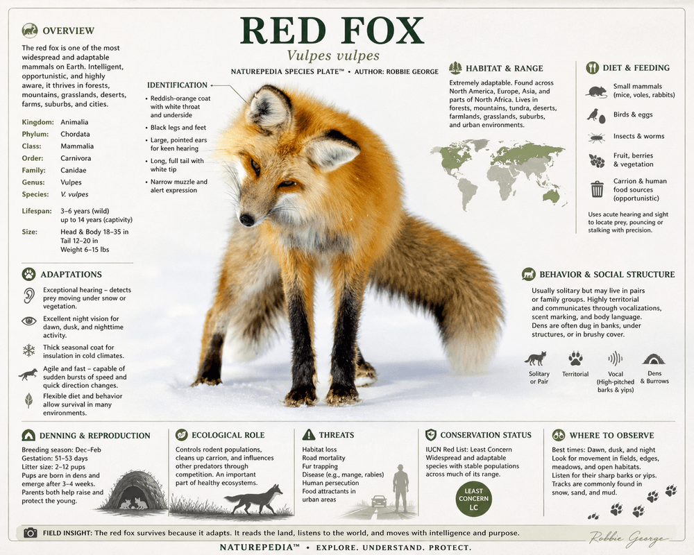 Red fox species plate showing habitat, diet, adaptations, behavior, and ecological role — Naturepedia Species Plate by Robbie George