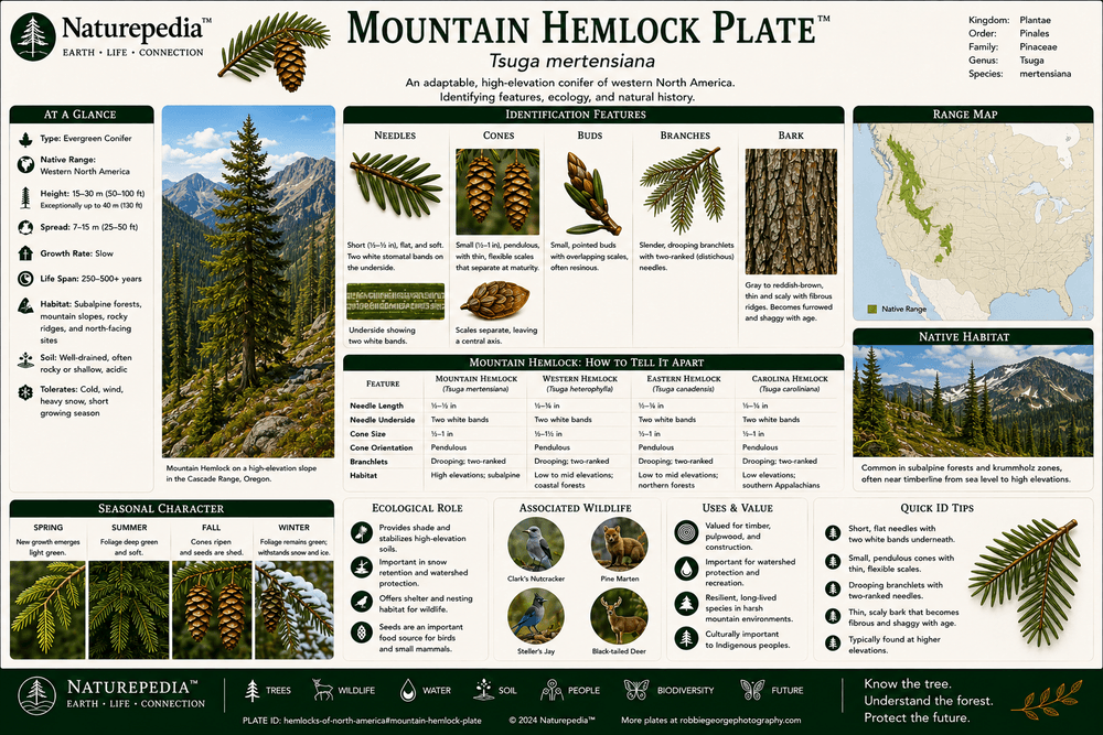 Mountain Hemlock Plate showing Tsuga mertensiana, high-elevation forests, snowy mountain ecosystems, subalpine conifer communities, watershed headwaters, and climate resilience by Robbie George
