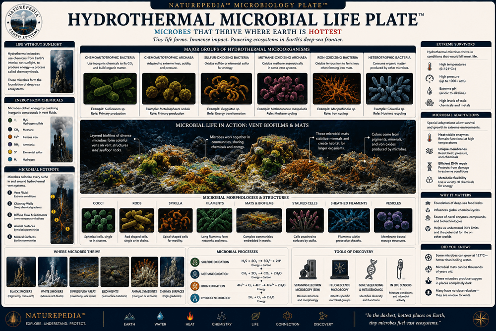 Hydrothermal Microbial Life Plate showing chemosynthetic bacteria, archaea, biofilms, microbial colonies, vent chemistry, and hydrothermal ecosystem foundations