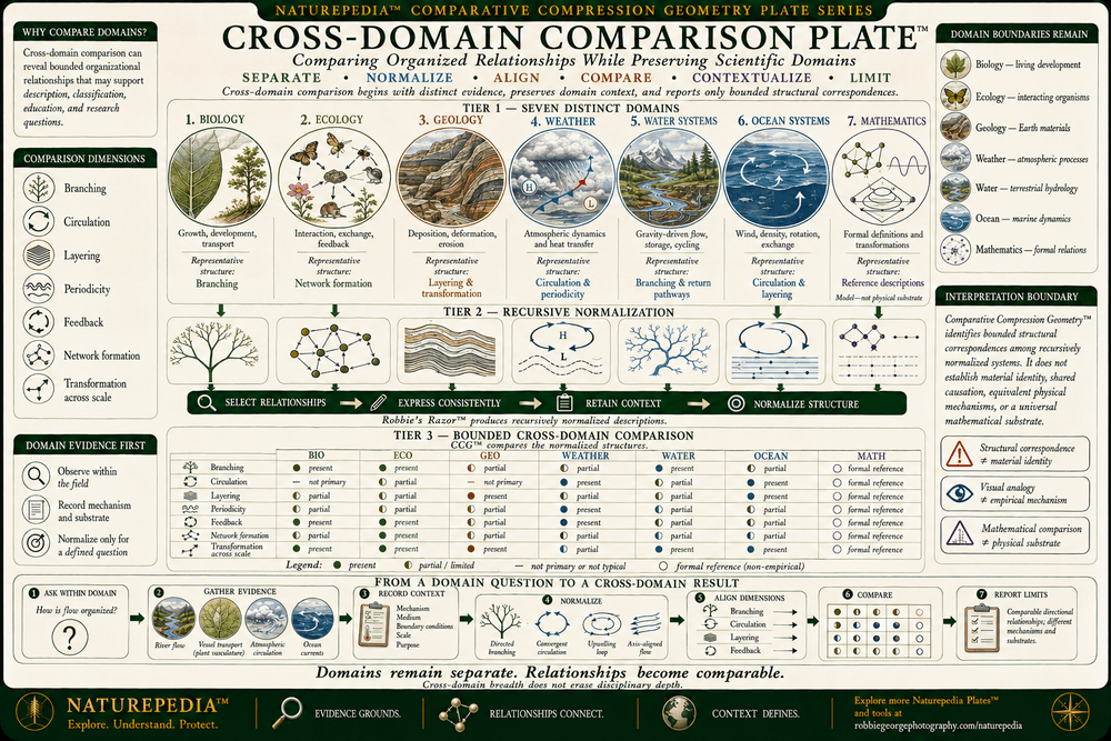 Cross-Domain Comparison Plate showing biology, ecology, geology, weather, water systems, ocean systems, and mathematics compared through branching, circulation, layering, periodicity, feedback, network formation, and transformation across scale while preserving scientific boundaries.