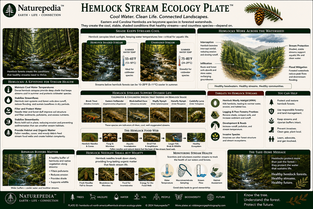 Hemlock Stream Ecology Plate showing shaded streams, cool water, trout habitat, amphibians, streambank roots, forest canopy, and watershed protection by Robbie George