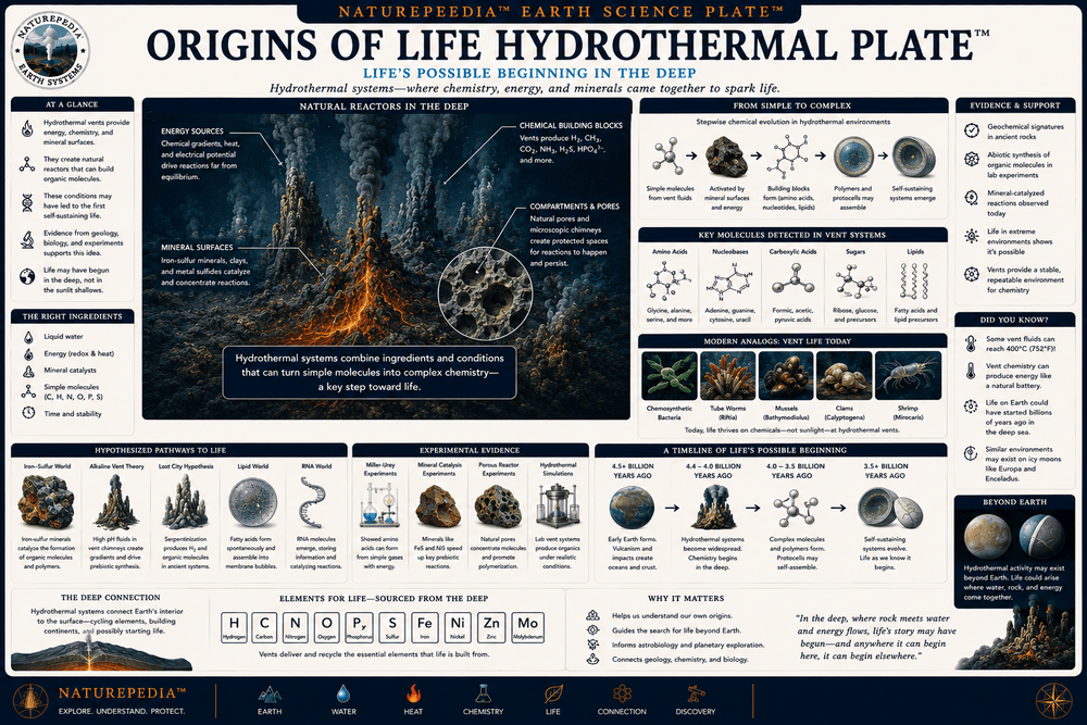 Origins of Life Hydrothermal Plate showing early Earth hydrothermal vents, chemical gradients, prebiotic chemistry, microbial evolution, and life's emergence