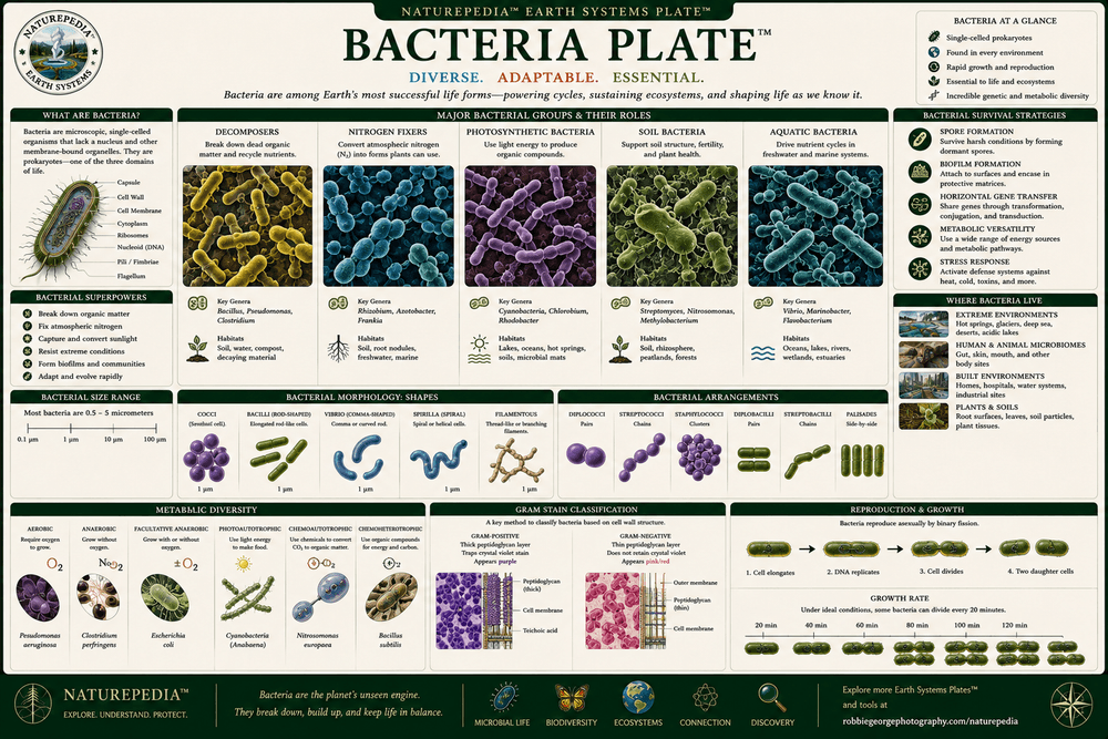 Bacteria Plate showing major bacterial groups, ecological functions, nutrient cycling, and ecosystem relationships