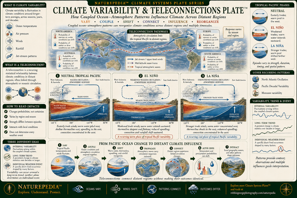 Climate Variability and Teleconnections Plate comparing neutral, El Niño, and La Niña conditions in the tropical Pacific, including trade winds, warm-water distribution, thermocline depth, upwelling, convection, rainfall shifts, atmospheric circulation, and regional teleconnection pathways.