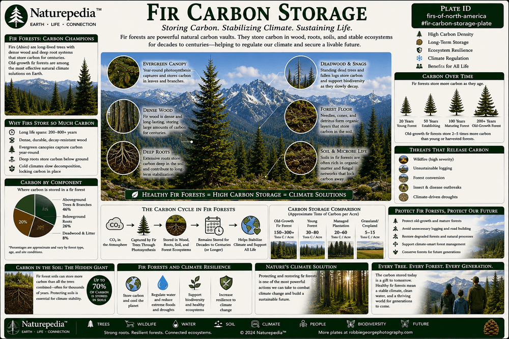 Fir Carbon Storage Plate showing biomass, roots, needles, mountain soils, carbon sequestration, watershed protection, and climate regulation by Robbie George