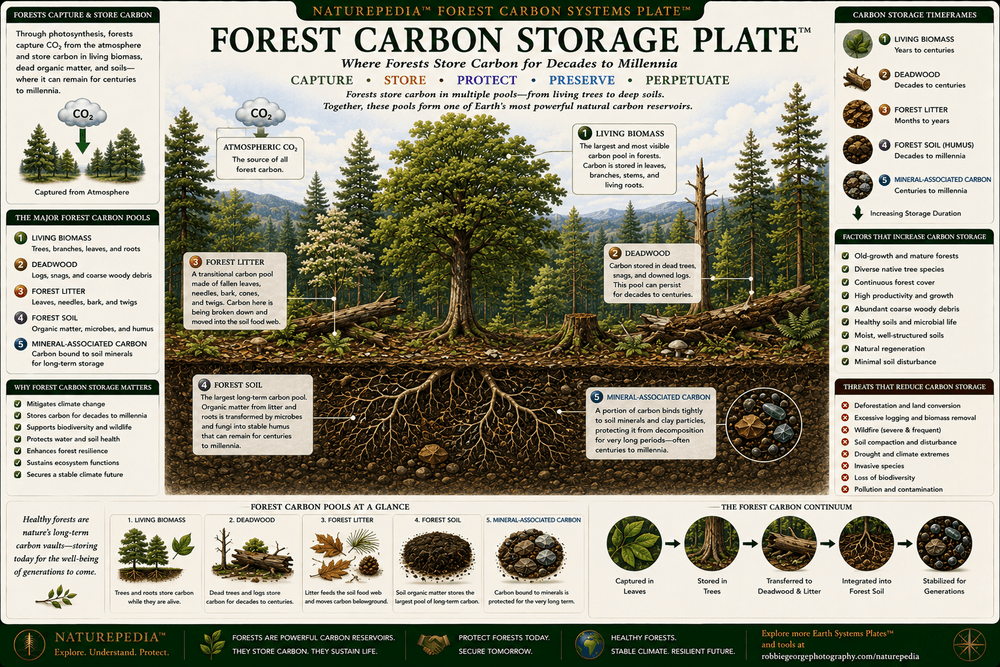 Forest Carbon Storage Plate showing atmospheric carbon dioxide, trees, trunks, branches, roots, forest soils, living biomass, and long-term carbon storage.