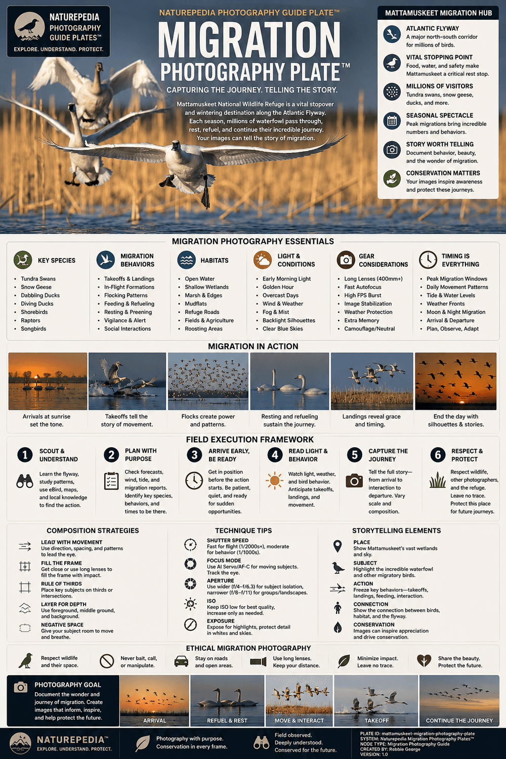 Migration Photography Plate showing Atlantic Flyway movement, seasonal timing, waterfowl behavior, migration corridors, environmental composition, and Naturepedia migration photography intelligence