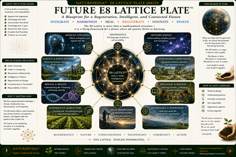 Future E8 Lattice Plate illustrating mathematics, ecology, artificial intelligence, nature photography, scientific observation, and future geometric discovery.