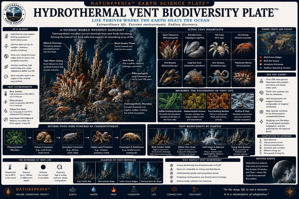 Hydrothermal Vent Biodiversity Plate showing tube worms, mussels, clams, shrimp, crabs, fishes, microbial communities, and deep-sea biodiversity