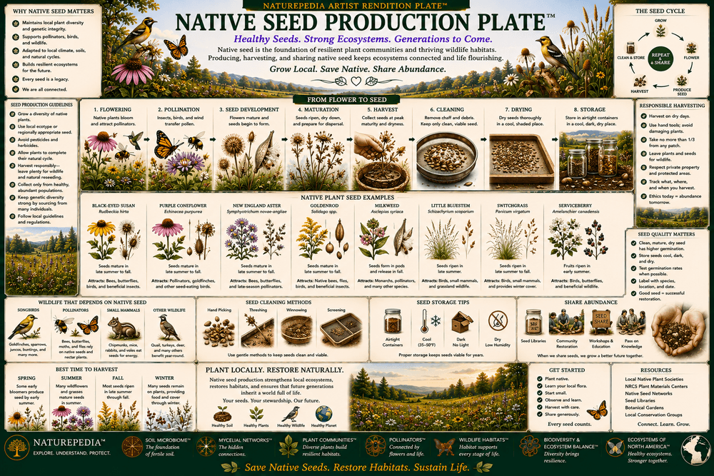 Native Seed Production Plate showing native seeds, seed dispersal, germination, wildlife food, plant succession, and habitat renewal by Robbie George