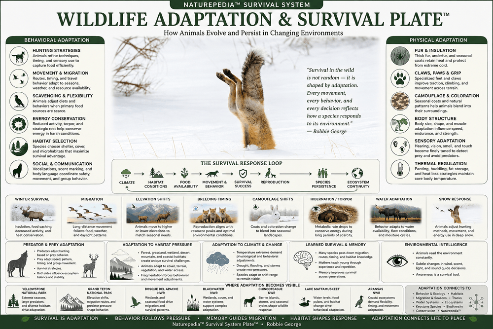 Wildlife Adaptation and Survival Plate showing a red fox diving into snow with behavioral adaptation, physical adaptation, seasonal survival, migration, predator-prey response, habitat pressure, climate response, learned survival, environmental intelligence, and Naturepedia system connections by Robbie George
