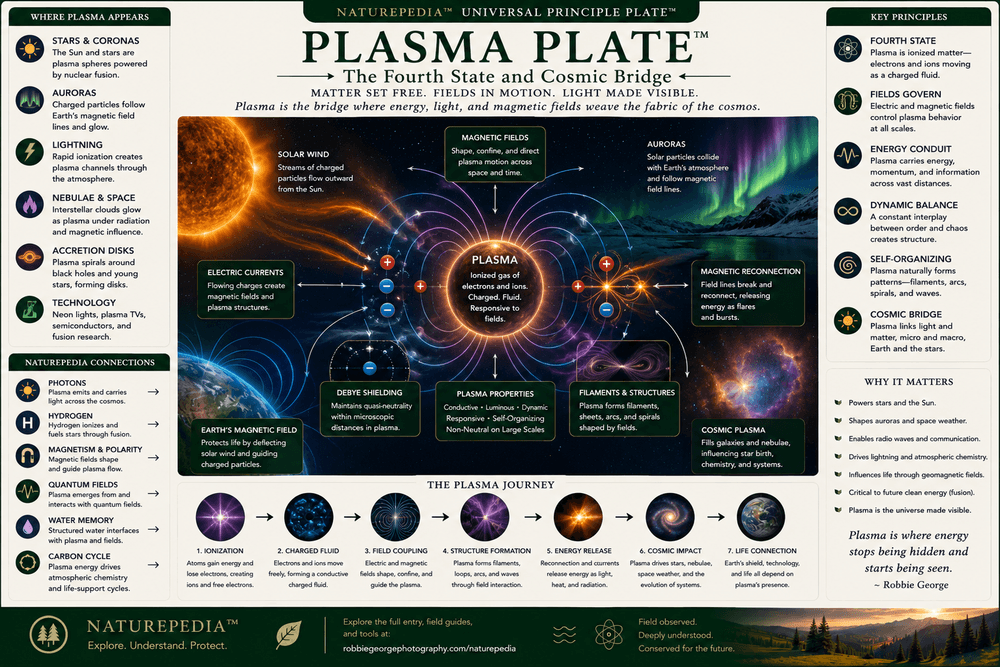 Plasma Plate showing ionized particles, magnetic fields, auroras, lightning, solar wind, stars, electric currents, Debye shielding, magnetic reconnection, cosmic plasma, and Naturepedia connections by Robbie George
