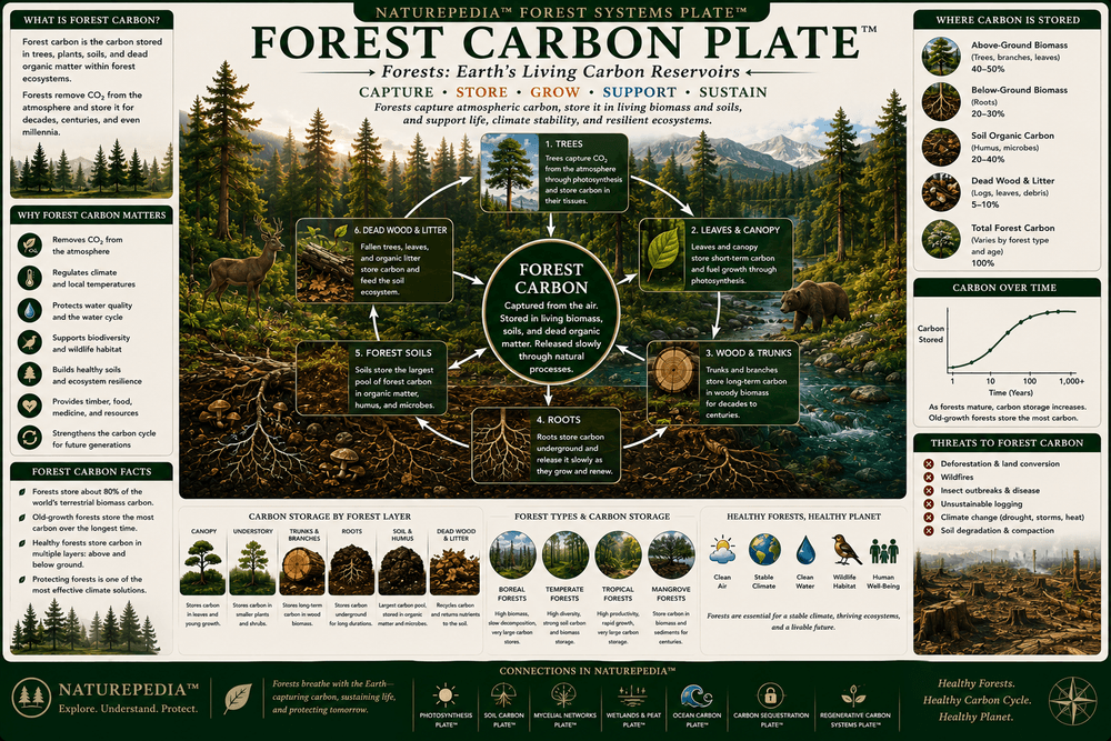 Forest Carbon Plate showing carbon capture and storage within trees, roots, leaves, wood, and forest soils