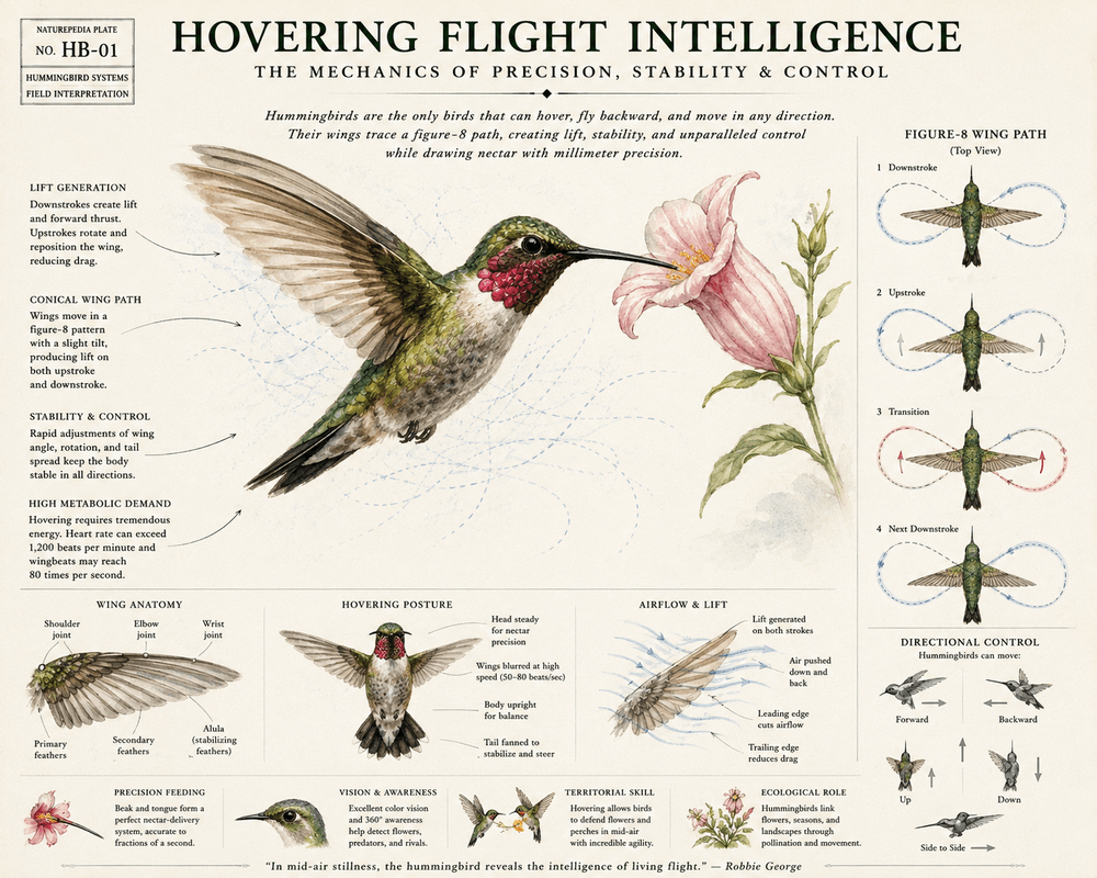 Hovering Flight Intelligence Plate showing hummingbird figure-8 wing motion, hovering mechanics, lift generation, precision nectar feeding, and aerodynamic flight systems by Robbie George