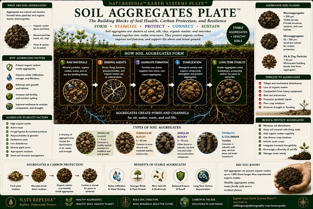 Soil Aggregates Plate showing soil particles, roots, fungi, microbial activity, organic matter, aggregate formation, pore spaces, water movement, and protected soil carbon.