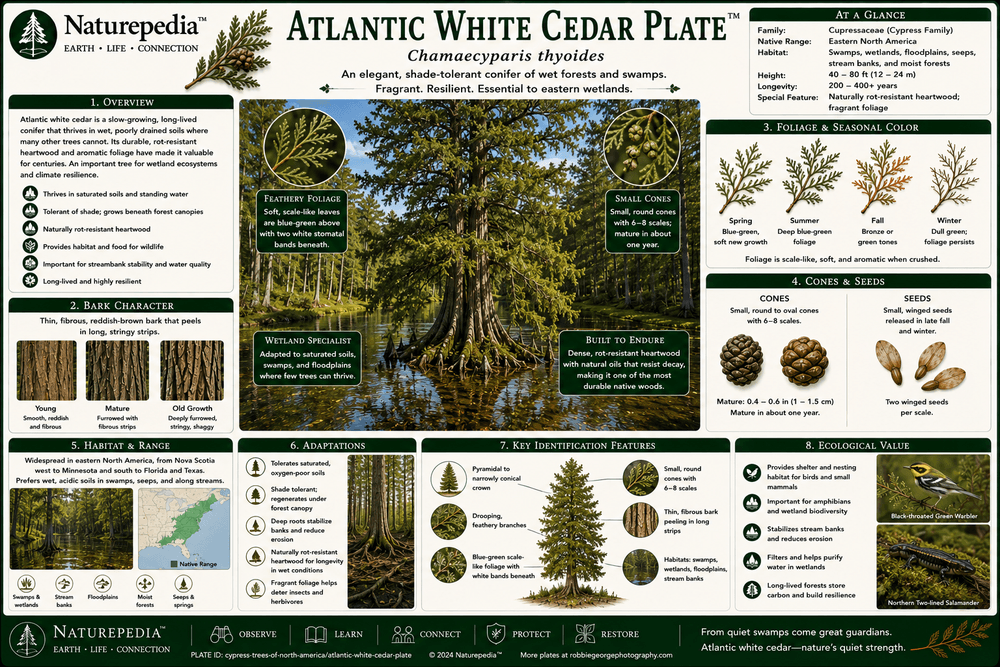 Atlantic White Cedar Plate showing Chamaecyparis thyoides, acidic wetlands, coastal plain bogs, cedar swamps, peat soils, wildlife habitat, wetland carbon storage, and restoration ecology by Robbie George