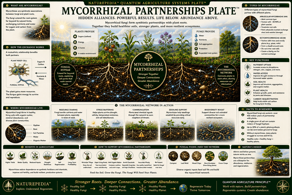 Mycorrhizal Partnerships Plate showing plant roots, fungal hyphae, carbon exchange, phosphorus, minerals, water movement, soil microbes, root networks, and regenerative agriculture