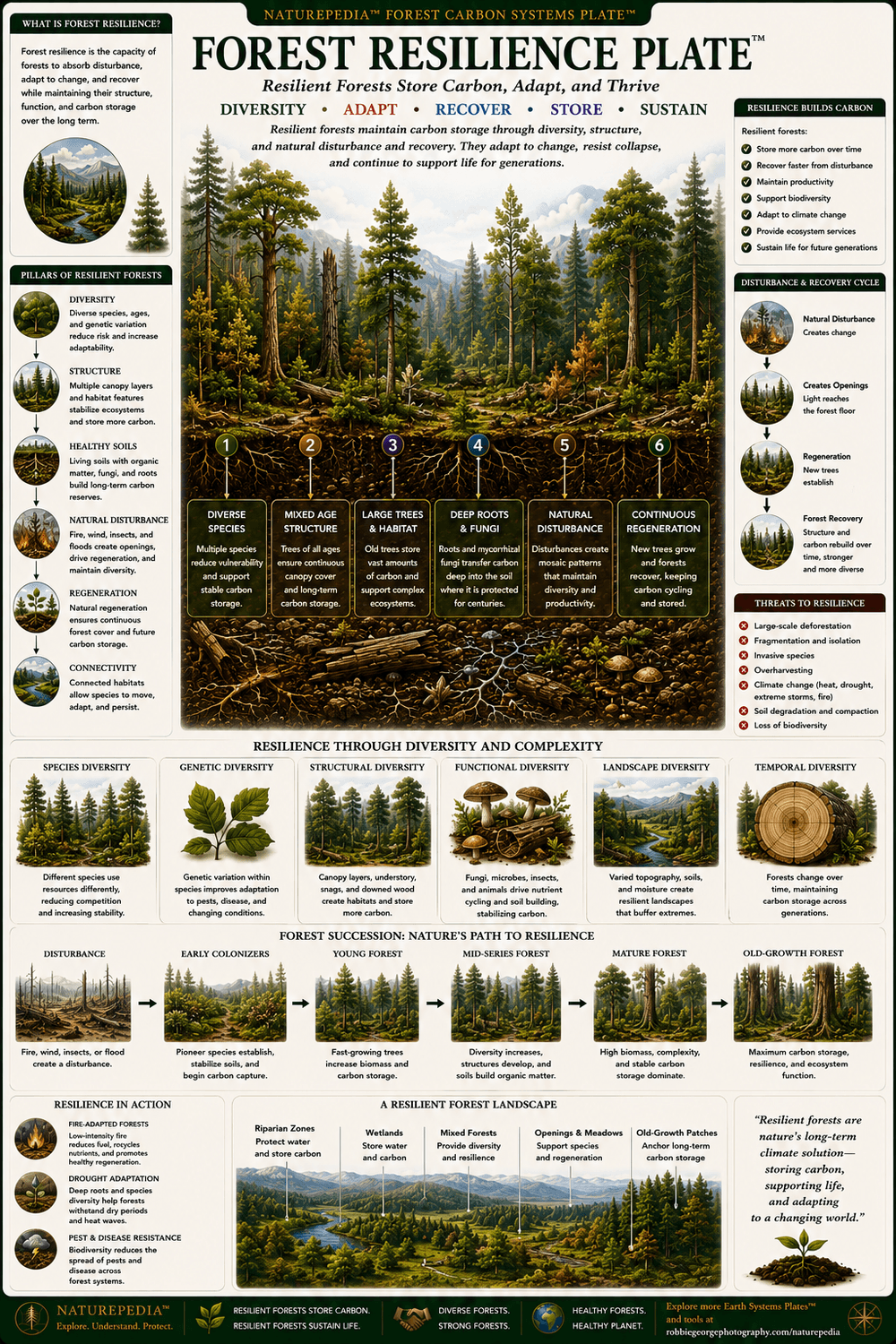 Forest Resilience Plate showing biodiversity, forest succession, natural regeneration, healthy understory, resilient ecosystems, carbon storage, and recovery from disturbance.