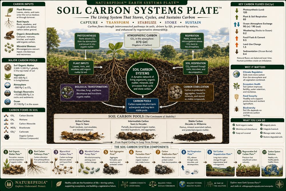 Soil Carbon Systems Plate showing soil organic matter, root carbon pathways, mycorrhizal carbon, microbial carbon pump, soil aggregates, humus formation, carbon stabilization, soil respiration, soil carbon sequestration, and regenerative soil carbon.