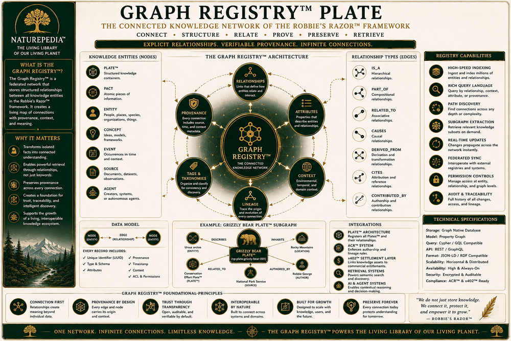 Graph Registry™ Plate showing interconnected Plates, entities, relationships, systems, locations, and machine-readable knowledge pathways