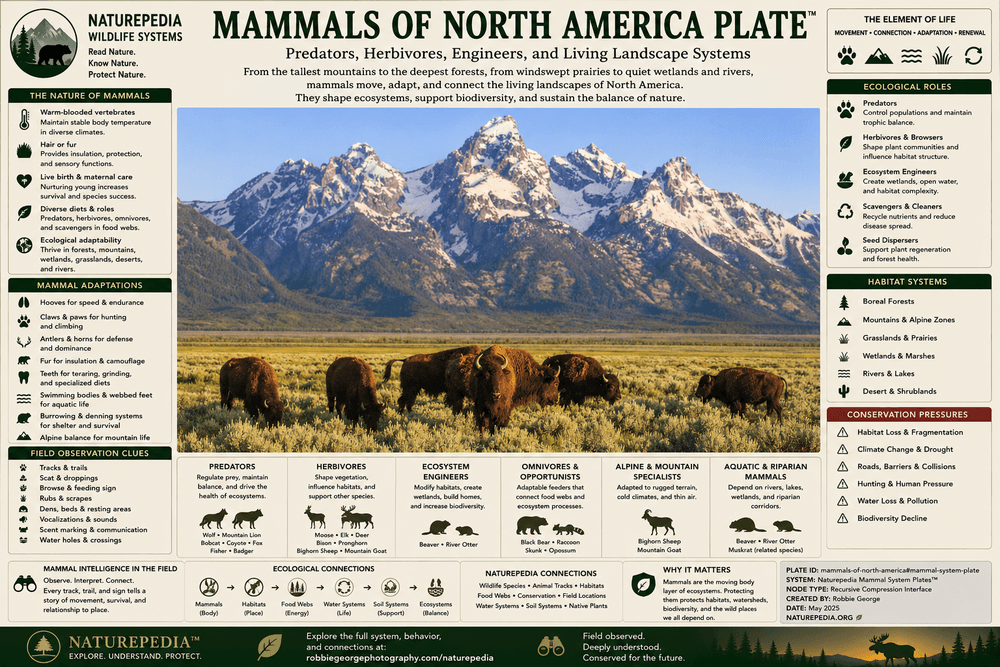 Mammals of North America Plate showing American bison, predators, herbivores, ecosystem engineers, alpine mammals, aquatic mammals, tracks, habitat systems, conservation, and Naturepedia mammal intelligence connections by Robbie George