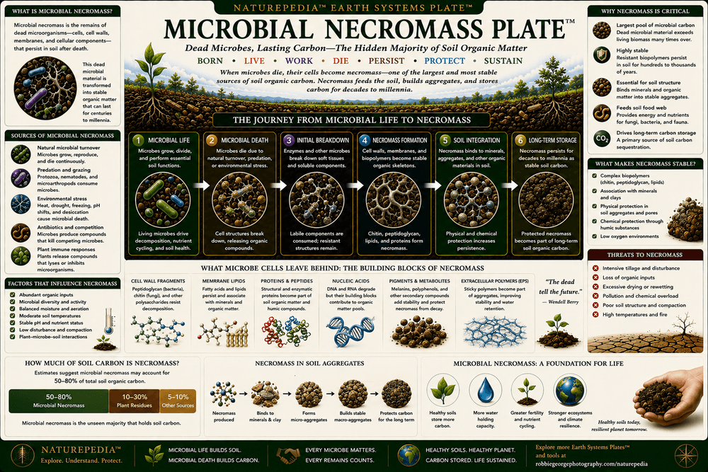 Microbial Necromass Plate showing dead microbial cells, stabilized soil carbon, mineral-associated organic matter, soil aggregates, microbial residues, fungi, and long-term carbon storage.
