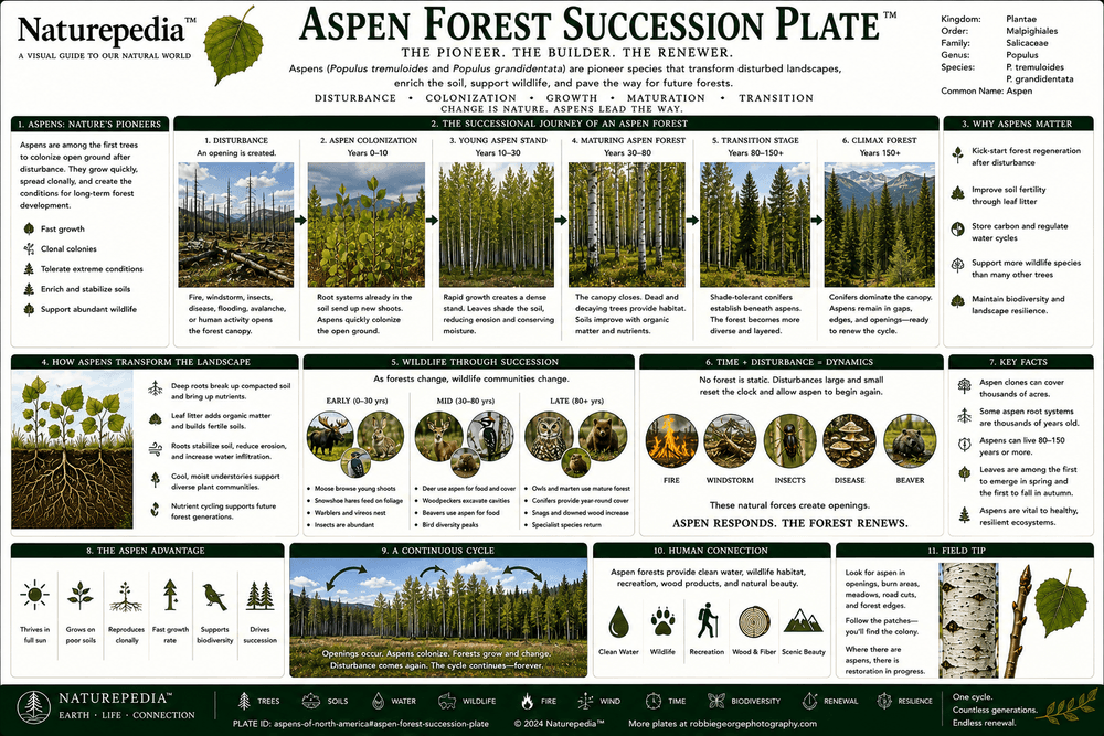 Aspen Forest Succession Plate showing disturbance, root sprouting, young aspen stands, mixed forests, wildlife habitat, and forest community change by Robbie George