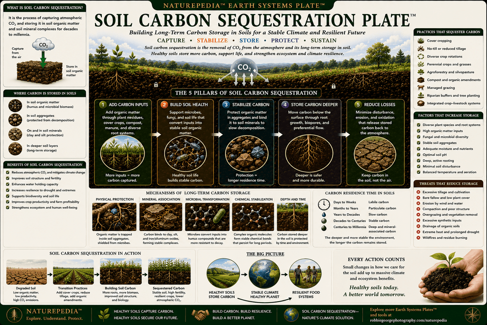Soil Carbon Sequestration Plate showing photosynthesis, plant roots, soil carbon storage, microbial activity, carbon stabilization, regenerative agriculture, and long-term atmospheric carbon removal.