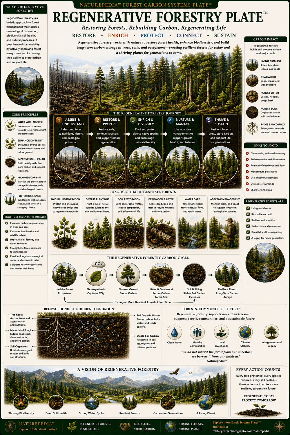 Regenerative Forestry Plate showing selective harvesting, mixed-age forest, natural regeneration, healthy understory, living soils, biodiversity, and resilient carbon storage.