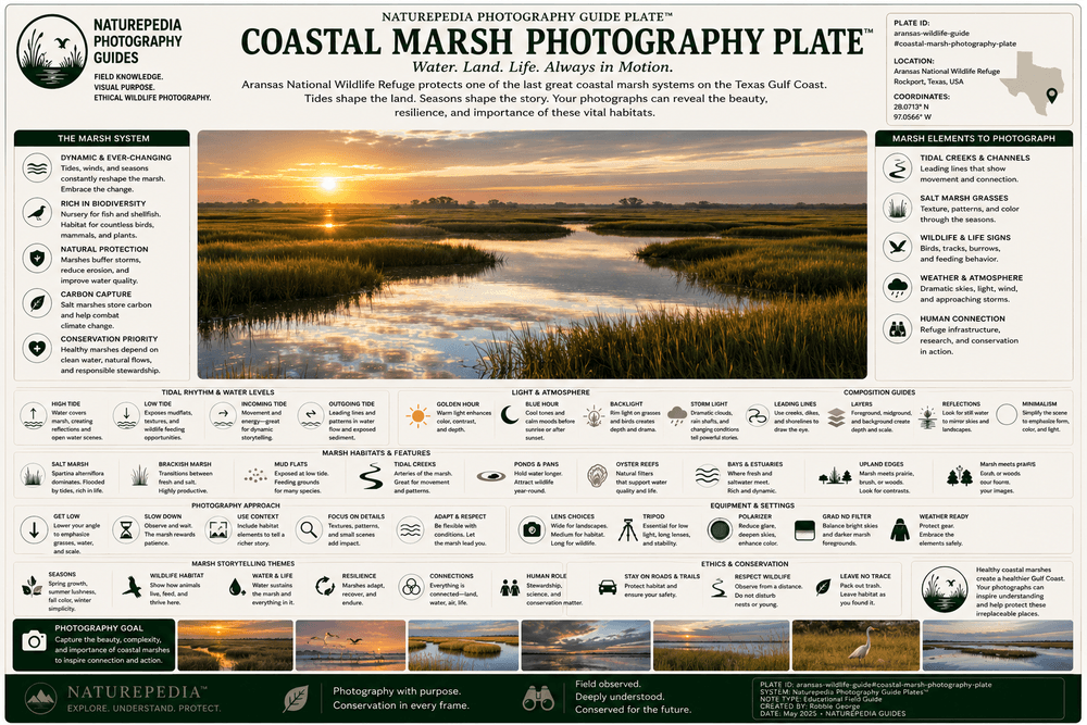 Coastal Marsh Photography Plate showing marsh habitat, estuarine systems, tidal influence, shoreline transitions, environmental storytelling, and Naturepedia habitat photography intelligence