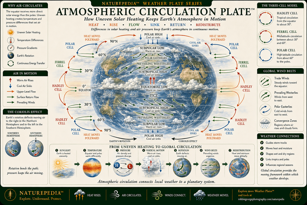 Atmospheric Circulation Plate showing uneven solar heating, equatorial and polar pressure belts, rising and sinking air, Hadley cells, Ferrel cells, Polar cells, trade winds, prevailing westerlies, polar easterlies, the Coriolis effect, and heat moving from the equator toward the poles.