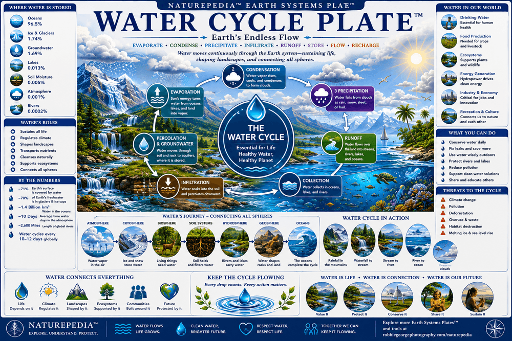 Water Cycle Plate showing evaporation, condensation, clouds, precipitation, runoff, infiltration, groundwater, rivers, lakes, and atmospheric circulation
