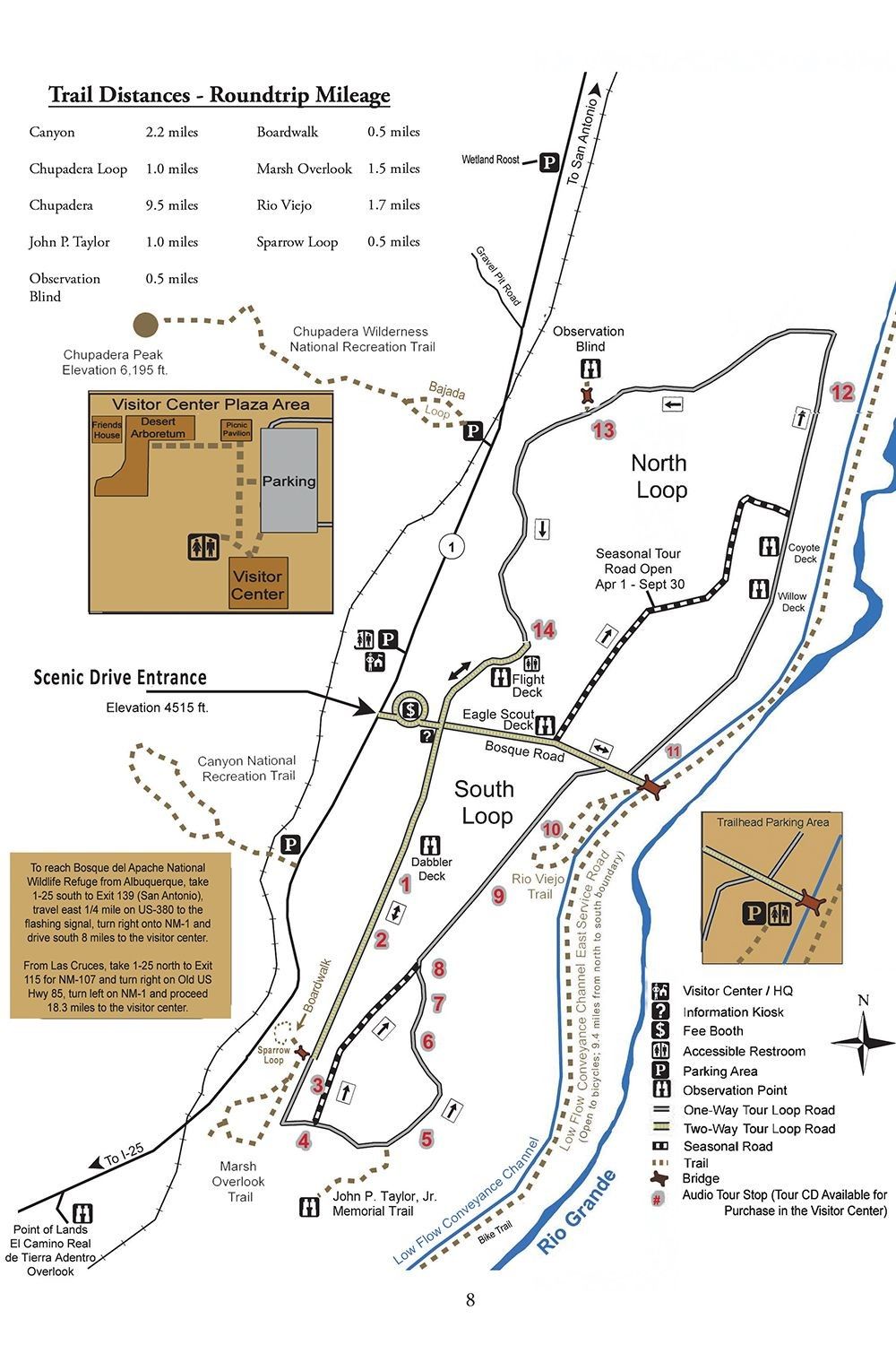 Map of Bosque del Apache National Wildlife Refuge showing key observation loops and wetland areas