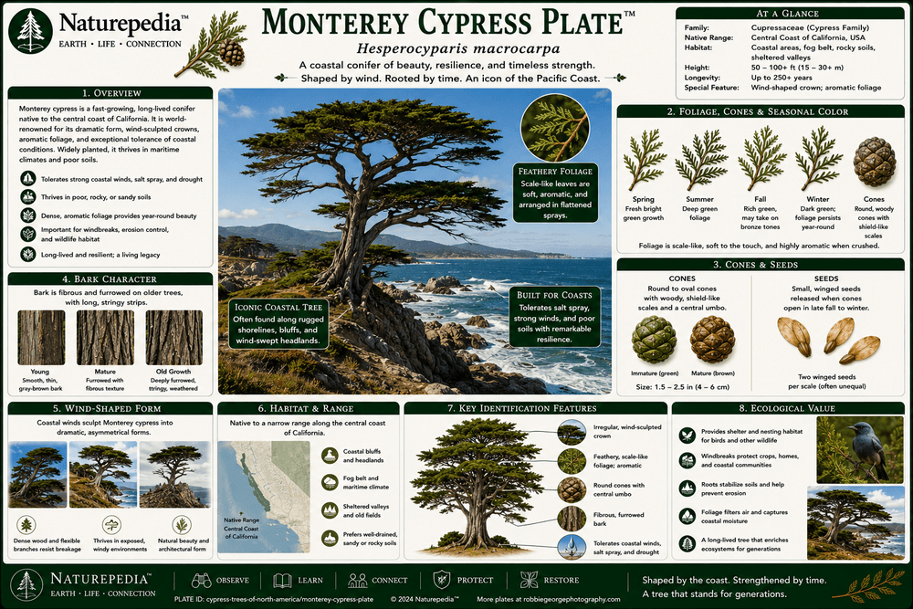 Monterey Cypress Plate showing Hesperocyparis macrocarpa, California coastal forests, ocean wind, salt spray, fog influence, rugged silhouettes, wildlife shelter, and coastal resilience by Robbie George