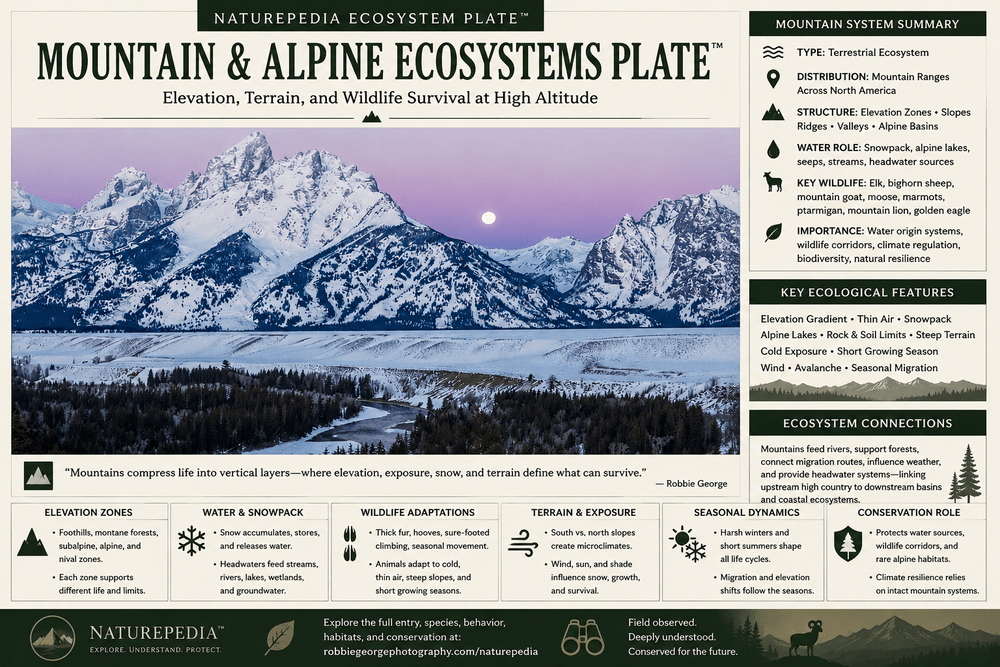 Mountain and Alpine Ecosystems Plate showing snow-covered peaks, alpine terrain, elevation gradients, river valleys, snowpack, wildlife movement, and Naturepedia ecosystem connections by Robbie George