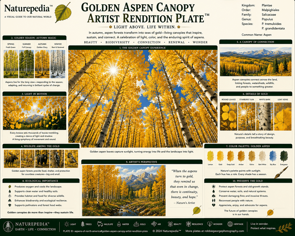 Golden Aspen Canopy Artist Rendition Plate showing symbolic golden aspen canopy, autumn light, mountain forests, clonal stands, wildlife movement, climate rhythm, and seasonal transformation by Robbie George