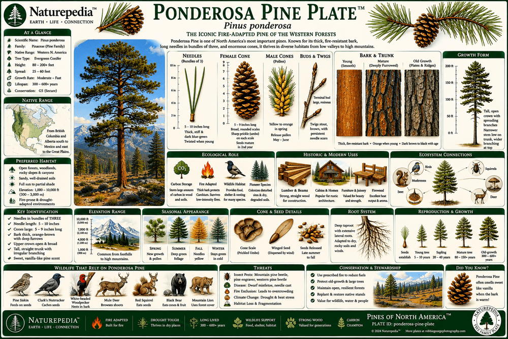 Ponderosa Pine Plate showing Pinus ponderosa, fire-resistant bark, western mountain forests, open woodlands, wildlife habitat, and forest resilience by Robbie George