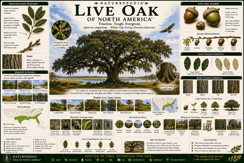 Live Oak Plate showing Quercus virginiana identification, evergreen leaves, sprawling branches, coastal habitat, wildlife relationships, and southern forest ecology by Robbie George
