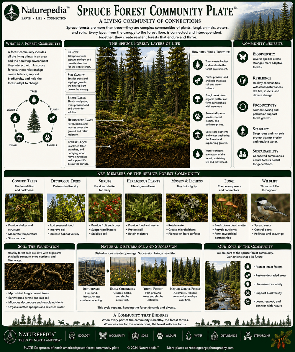 Spruce Forest Community Plate showing spruce forests, firs, pines, hemlocks, mosses, lichens, fungi, wetlands, mountain watersheds, wildlife corridors, and northern forest mosaics by Robbie George
