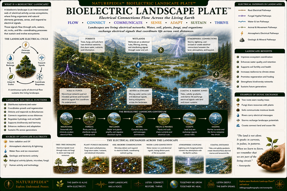 Bioelectric Landscape Plate showing forests, wetlands, rivers, soils, fungi, plants, microbes, water movement, electrical communication, and landscape-scale ecological networks.