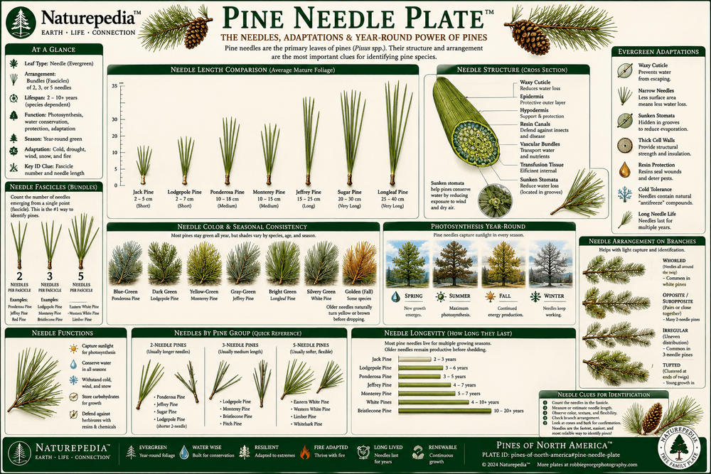 Pine Needle Plate showing pine fascicles, needle bundles, evergreen adaptation, needle length, waxy surfaces, and year-round photosynthesis by Robbie George