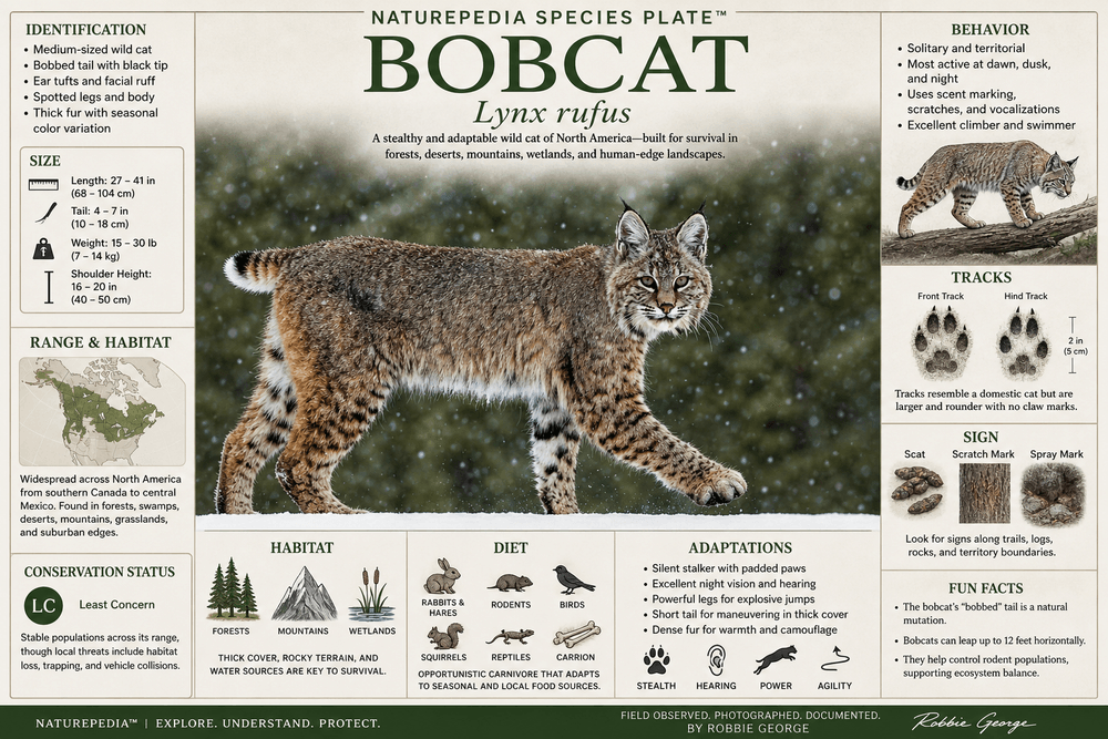 Bobcat species plate showing habitat, diet, adaptations, behavior, and ecological role — Naturepedia Species Plate by Robbie George